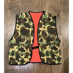 Vintage Reversible Quilted Duck Camouflage Orange Hunting Vest USA Nylon Shell